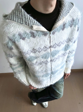 UNLG美式复古费尔岛长毛绒连帽毛衣外套男秋冬休闲氛围感针织开衫