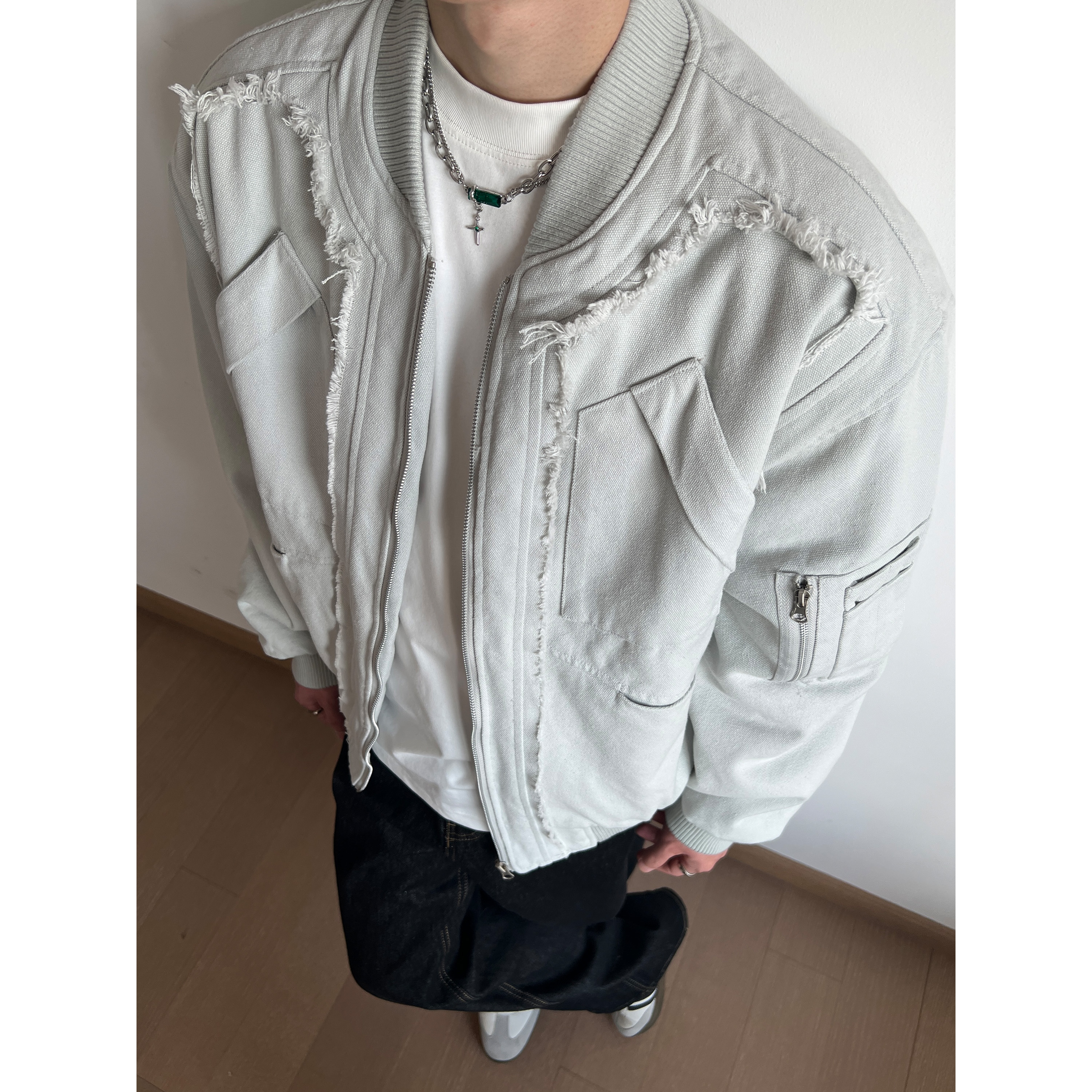 美式复古破坏毛边棒球服棉服外套