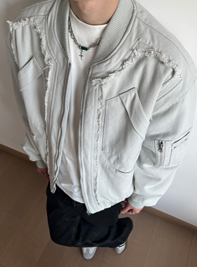 UNLG美式复古破坏毛边棒球服棉服外套男冬季宽松加厚保暖飞行夹克