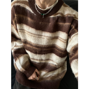 UNLG马海毛条纹复古毛衣男秋冬显瘦慵懒松弛感oversize情侣针织衫