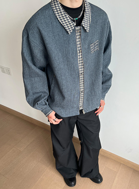 UNLG美式复古千鸟格拼接cleanfit外套男秋季设计感宽松高级感夹克