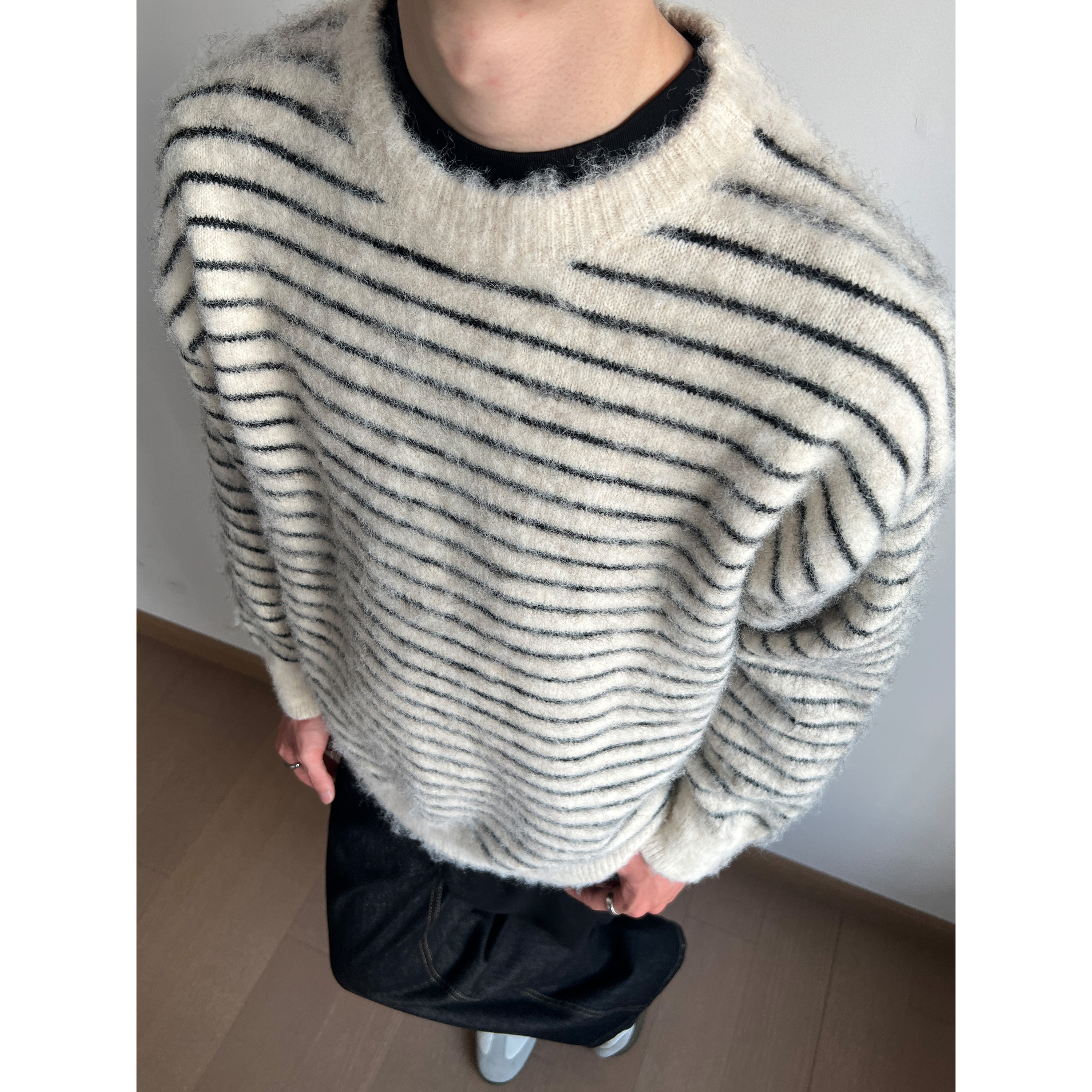 美式复古刷毛提花条纹毛衣男