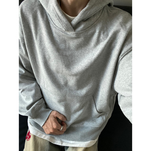 UNLG短款 灰色连帽卫衣男秋冬设计感显瘦慵懒松弛套头boxy宽松上衣