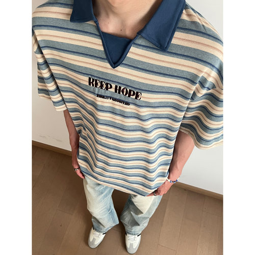 UNLG美式复古条纹POLO领T恤男