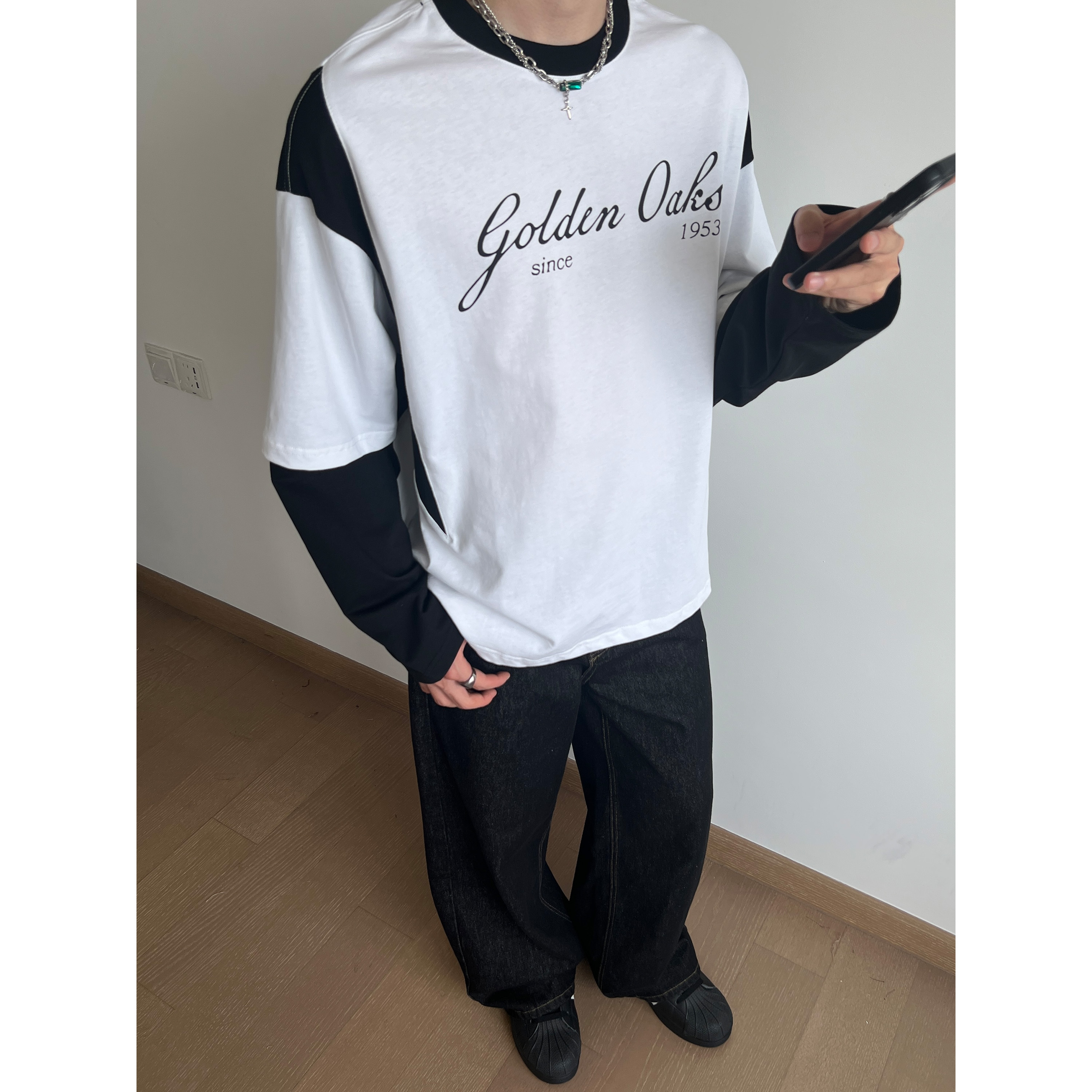 UNLG美式复古拼接T恤高街