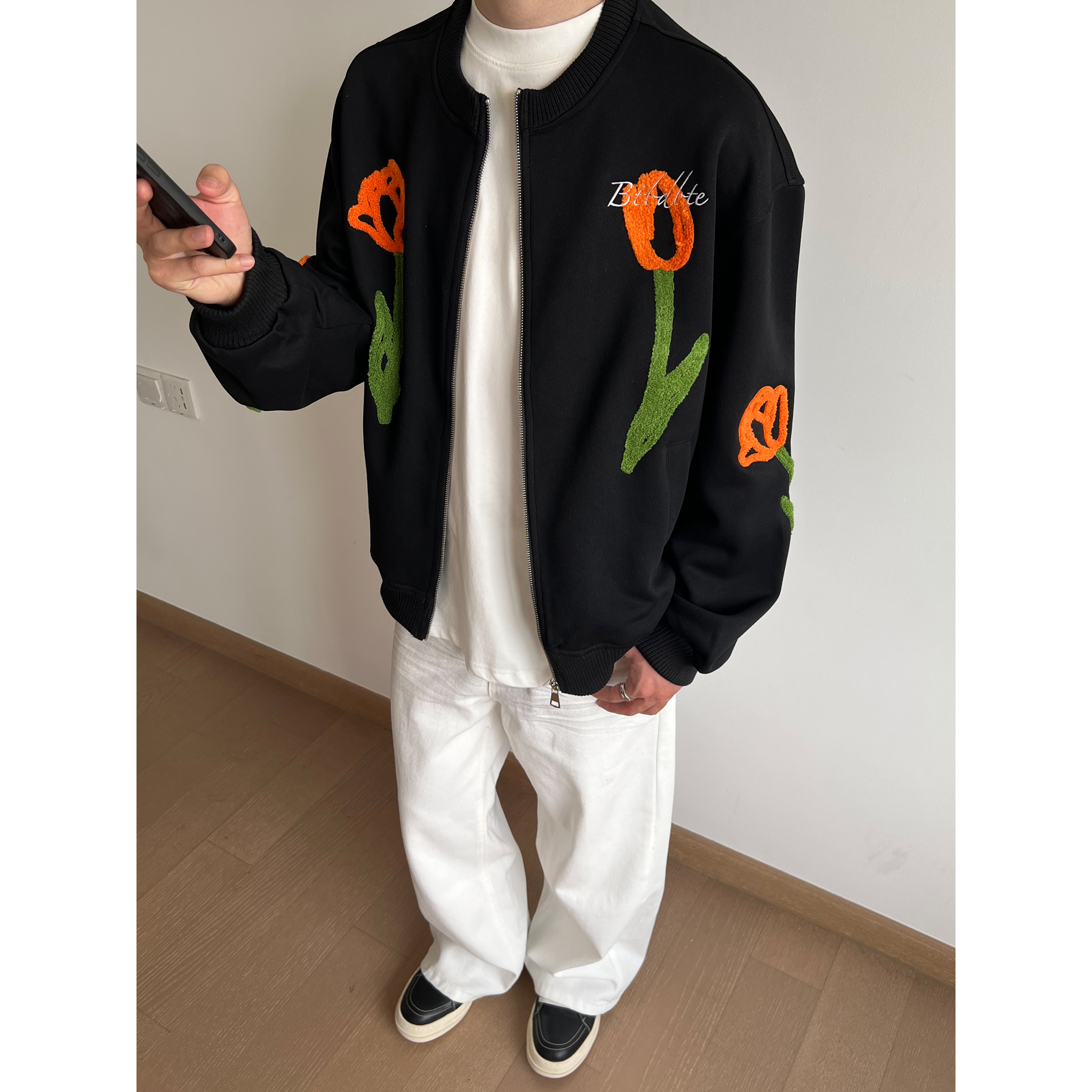 美式复古植绒刺绣郁金香夹克外套