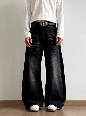 UNLG美式复古水洗猫须原牛弯刀牛仔裤宽松阔腿垂感休闲拖地长裤子