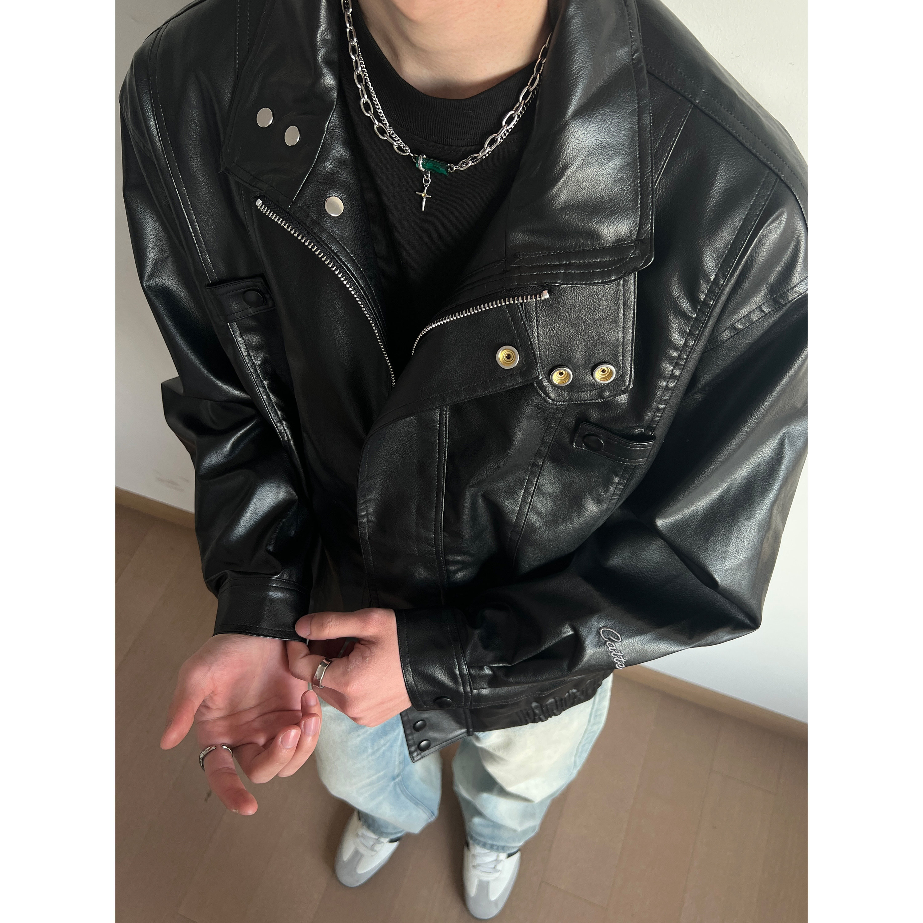 UNLG美式复古黑色皮衣夹克外套男春季宽松休闲痞帅高级感机车服潮