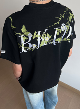 UNLG美式复古花卉刺绣短袖t恤男夏季设计感宽松休闲小众高级上衣