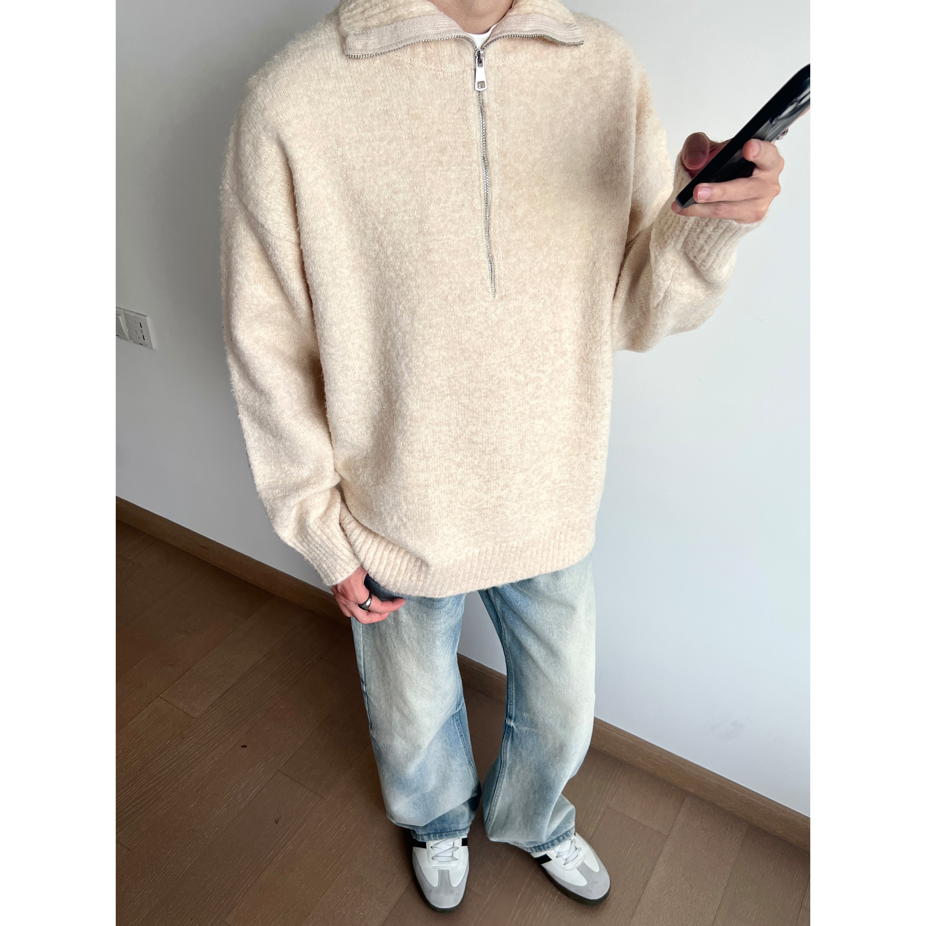 美式复古半拉链翻领毛衣男