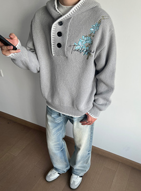 UNLG美式复古花卉刺绣连帽毛衣针织衫男秋宽松设计感休闲小众帽衫