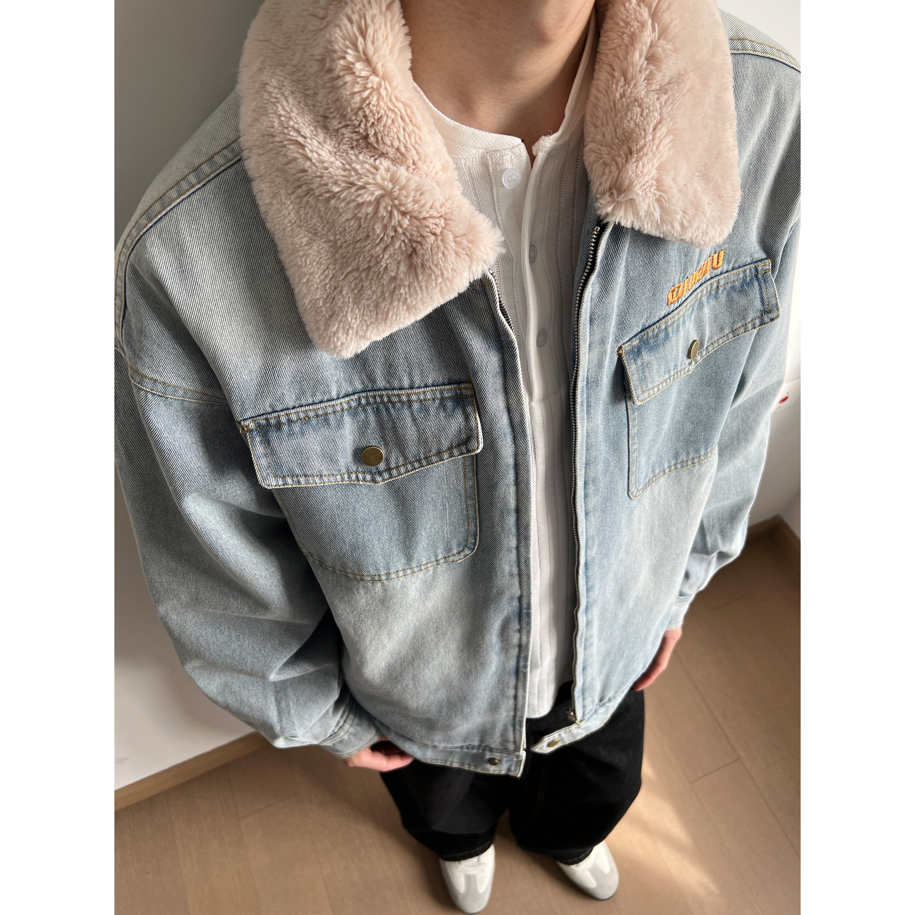 美式复古毛领翻领牛仔外套棉服男