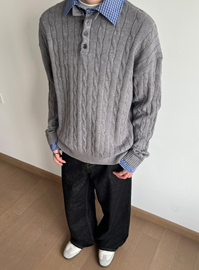 UNLG美式复古高级感衬衫翻领拼接假两件毛衣男秋冬季慵懒风针织衫