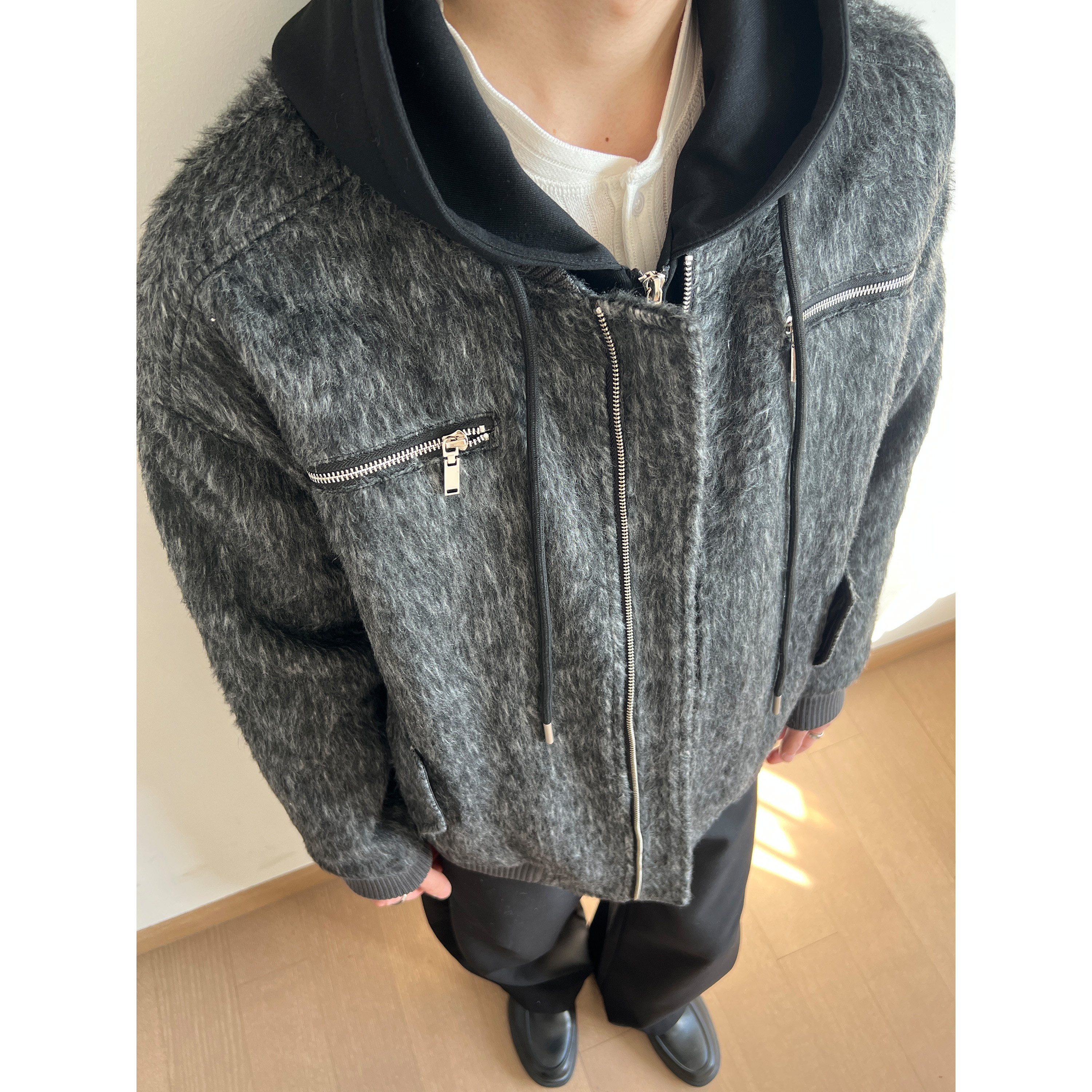 美式复古假两件连帽毛呢外套棉服