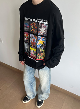 UNLG美式复古做旧九宫格长袖t恤男秋季宽松休闲痞帅氛围纯棉上衣