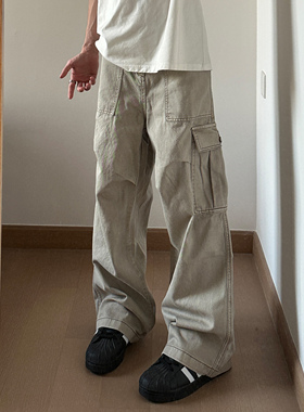 UNLG美式直筒工装牛仔裤秋设计感小众多口袋压褶休闲宽松阔腿裤子