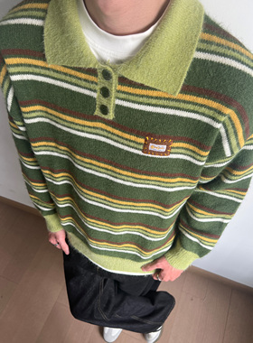 UNLG美式复古polo领条纹毛衣男秋冬宽松休闲慵懒氛围感翻领针织衫