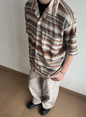 UNLG古巴领条纹针织短袖衬衫男夏季镂空罩衫外套衬衣