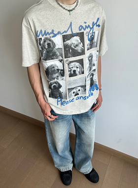 UNLG美式复古金毛小狗重磅纯棉短袖t恤男夏高级宽松休闲简约上衣