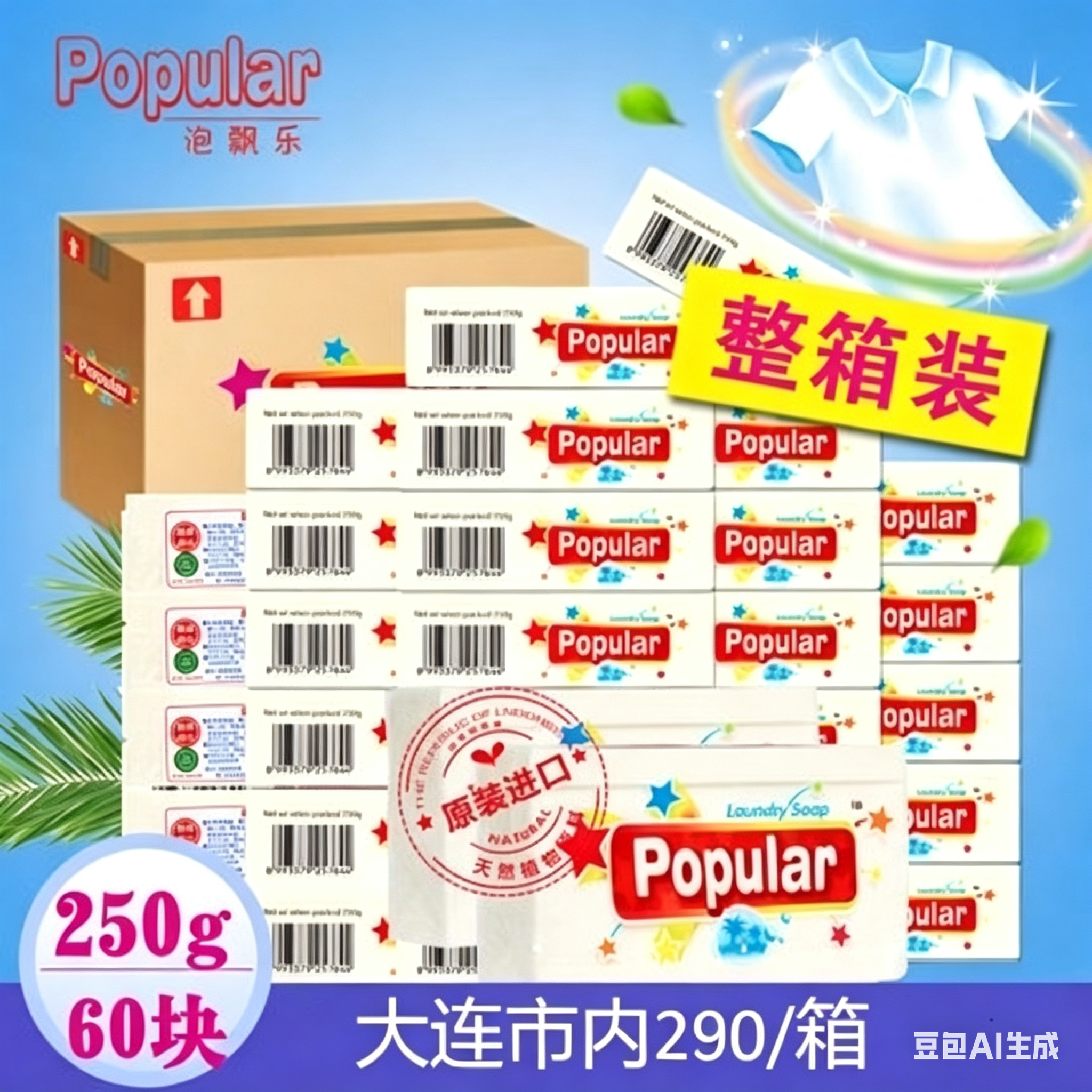 包邮印尼进口泡飘乐整箱60块popular多功能洗衣皂新生儿肥皂 250g