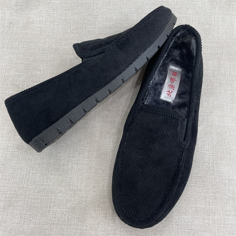 老北京平跟冬季加绒保暖男黑布鞋