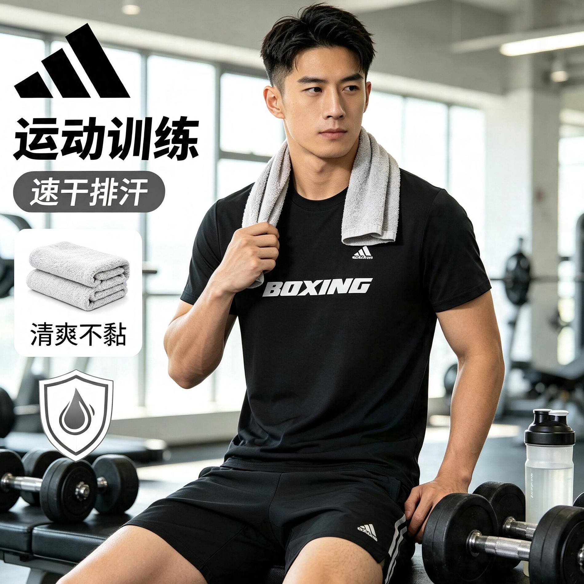 adidas阿迪达斯夏季男宽松透气短袖户外运动速干T恤跑步锻炼上衣