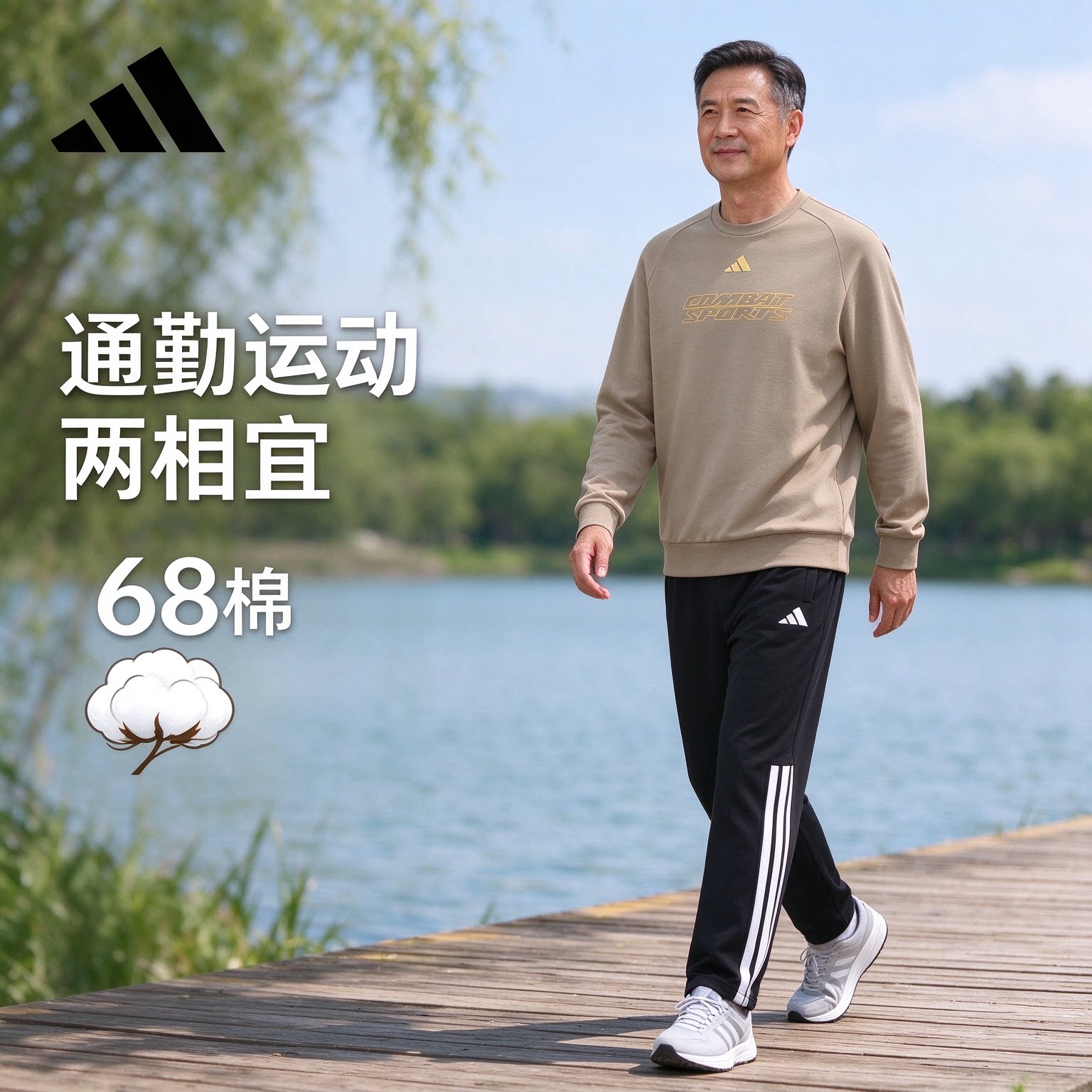 Adidas阿迪达斯中老年秋冬内衣长袖长裤套装防风保暖棉款两件套