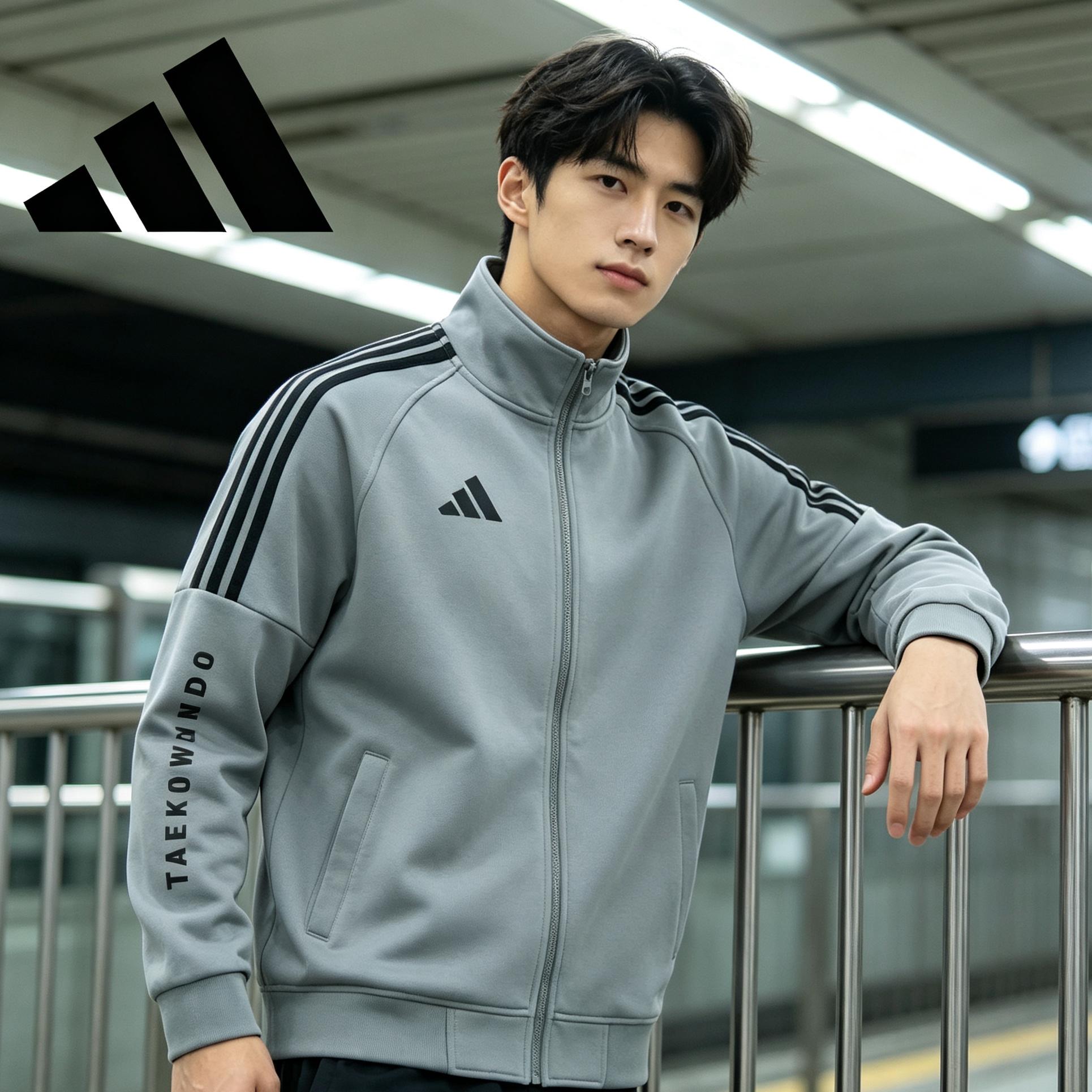Adidas阿迪达斯外套男女同款灰色三条杠立领夹克秋跑步防风运动服