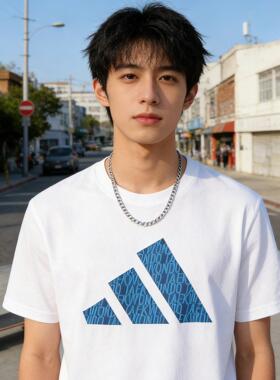 Adidas阿迪达斯短袖夏季棉蓝色简约潮流舒适透气T恤男女官方正品