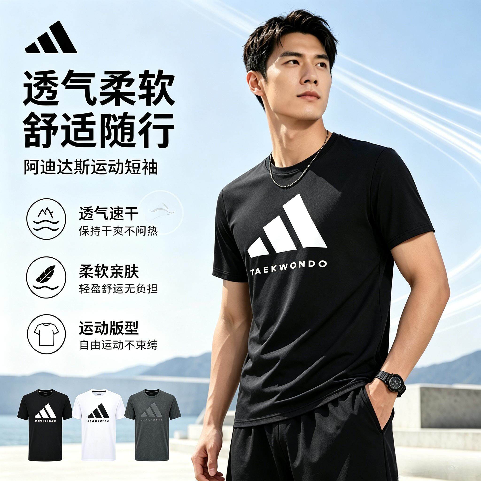 adidas阿迪达斯男士棉款短袖夏季休闲T恤圆领跑步吸湿排汗篮球服