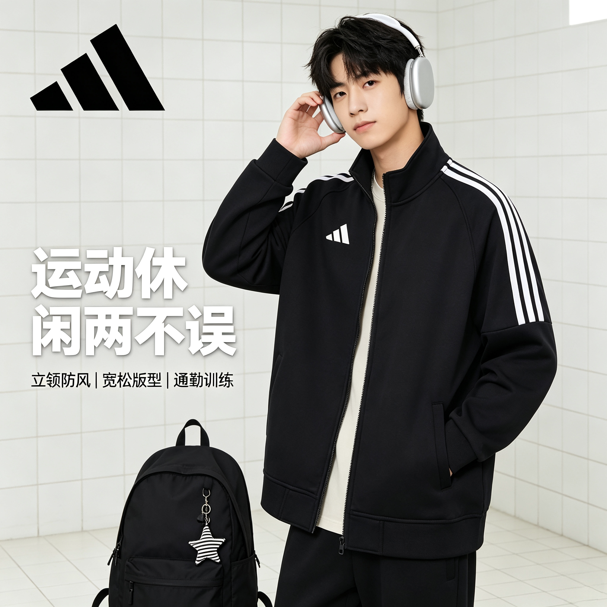 Adidas阿迪达斯外套男女同款经典三条杠休闲夹克跑步防风运动衣服