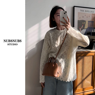 1.17大林自制 早春款蕾丝韩系提花印花叠穿圆领长袖打底镂空上衣