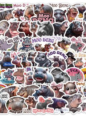 60张卡通动物Moo Deng河马涂鸦贴纸装饰冰箱手机水杯电脑防水贴纸