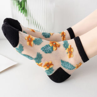 花朵短袜女夏季 花朵树叶图案ins潮低帮浅口水晶丝玻璃丝袜子 薄款