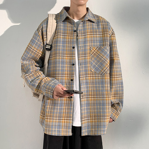 品牌优选格子衬衫男士长袖潮牌宽松休闲衬衣男春秋款帅气翻领外套