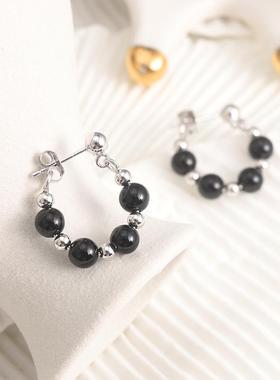 黑色珍珠耳环2024年女旗袍汉服清冷感耳坠平价黑玛瑙vintage耳钉