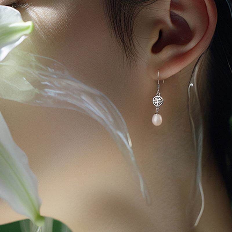 s925纯银水滴珍珠耳钩女复古短款