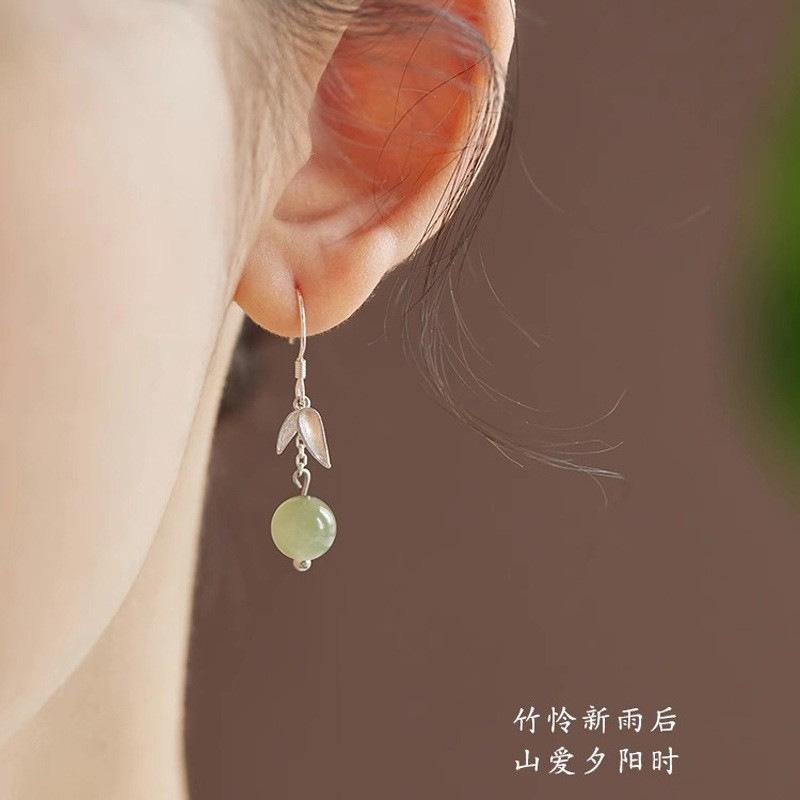 新中式女天然和田玉竹叶耳钩民族