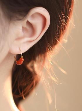 古法金玛瑙耳钩气质国风南国相思红豆耳圈汉服配饰蓝色青金石耳环