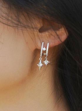 H形排钻星星流苏耳钉女创意半包耳垂款ins韩版四芒星锆石耳环优雅