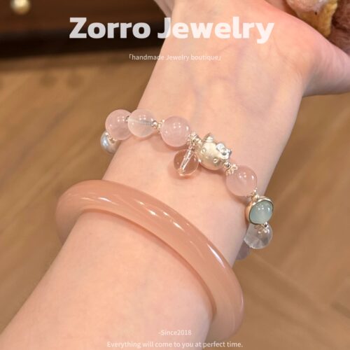 哈喽kitty手链粉水晶白水晶纯银