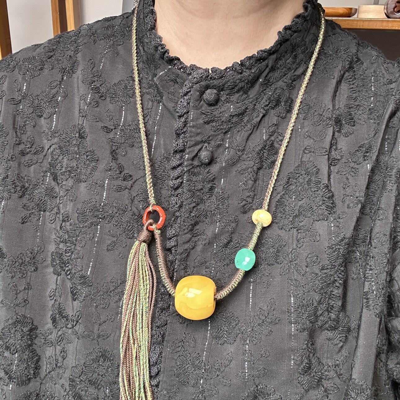 俄料天然琥珀黄蜜蜡枣珠原创设计手作编绳配绿松南红项链颈首饰品