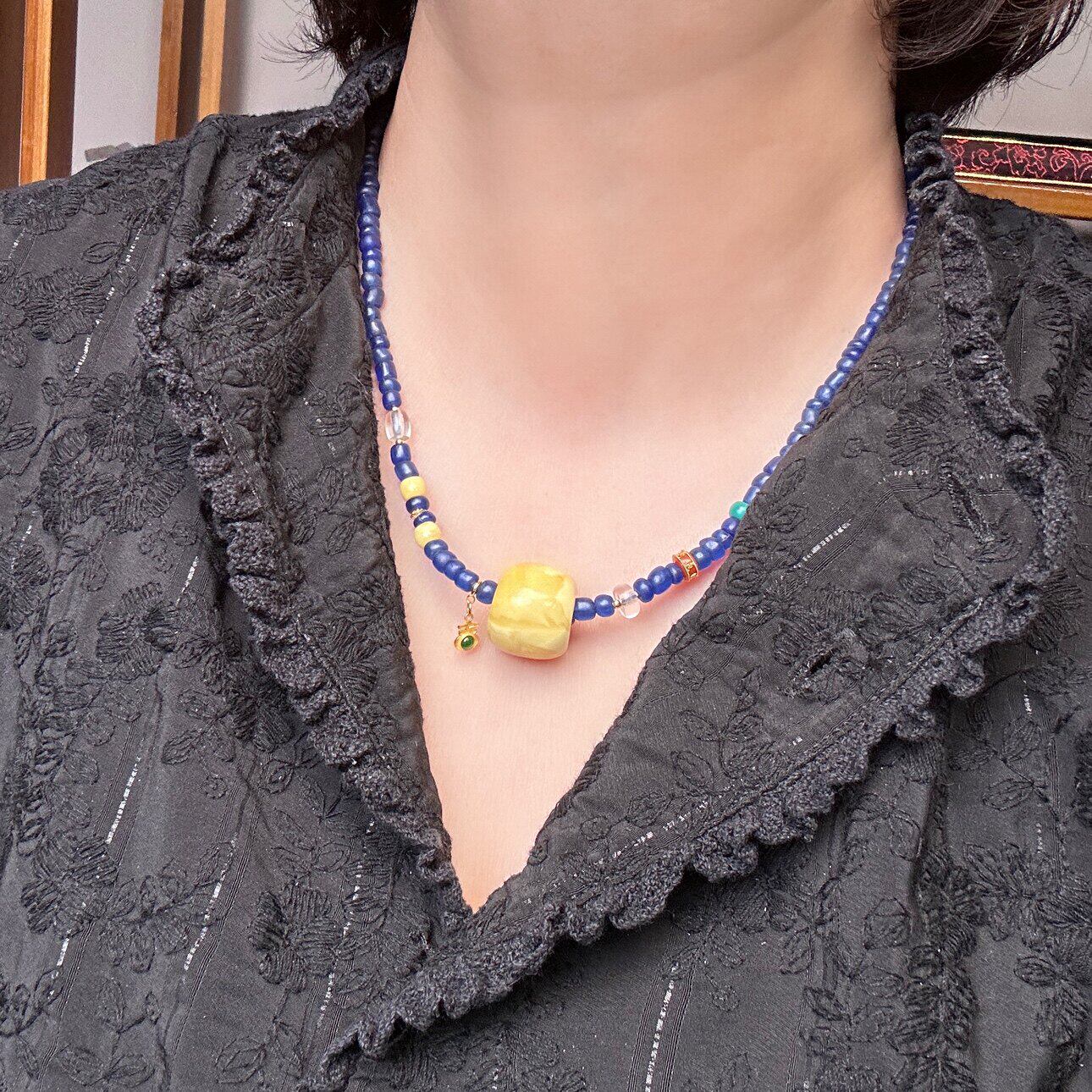 俄料黄蜜蜡天然琥珀18K金镶南红翡翠白水晶合浦琉璃项链颈首饰品