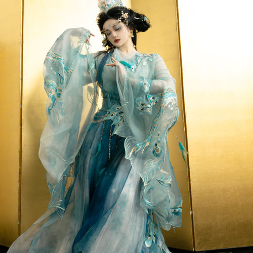 汉服女蓝孔雀战国袍古装春夏