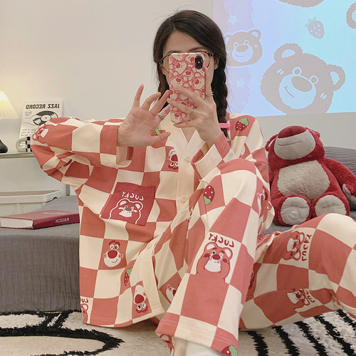 格子睡衣女款春秋季2025年新款开衫长袖大码秋冬家居服套装可外穿