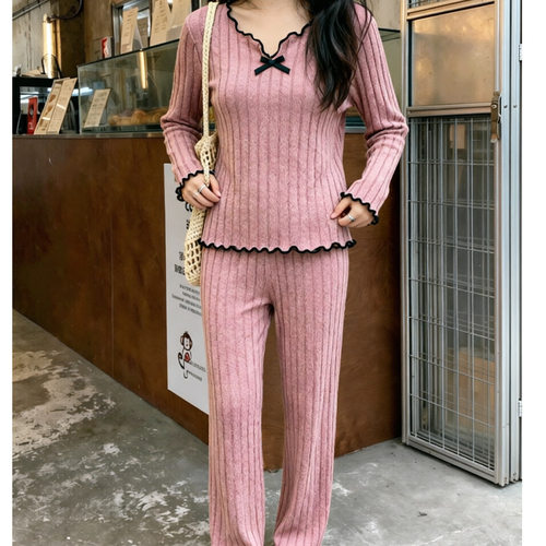 秋冬跨境抓绒坑条睡衣女亚马逊爆款绞边休闲可外穿女士家居服套装