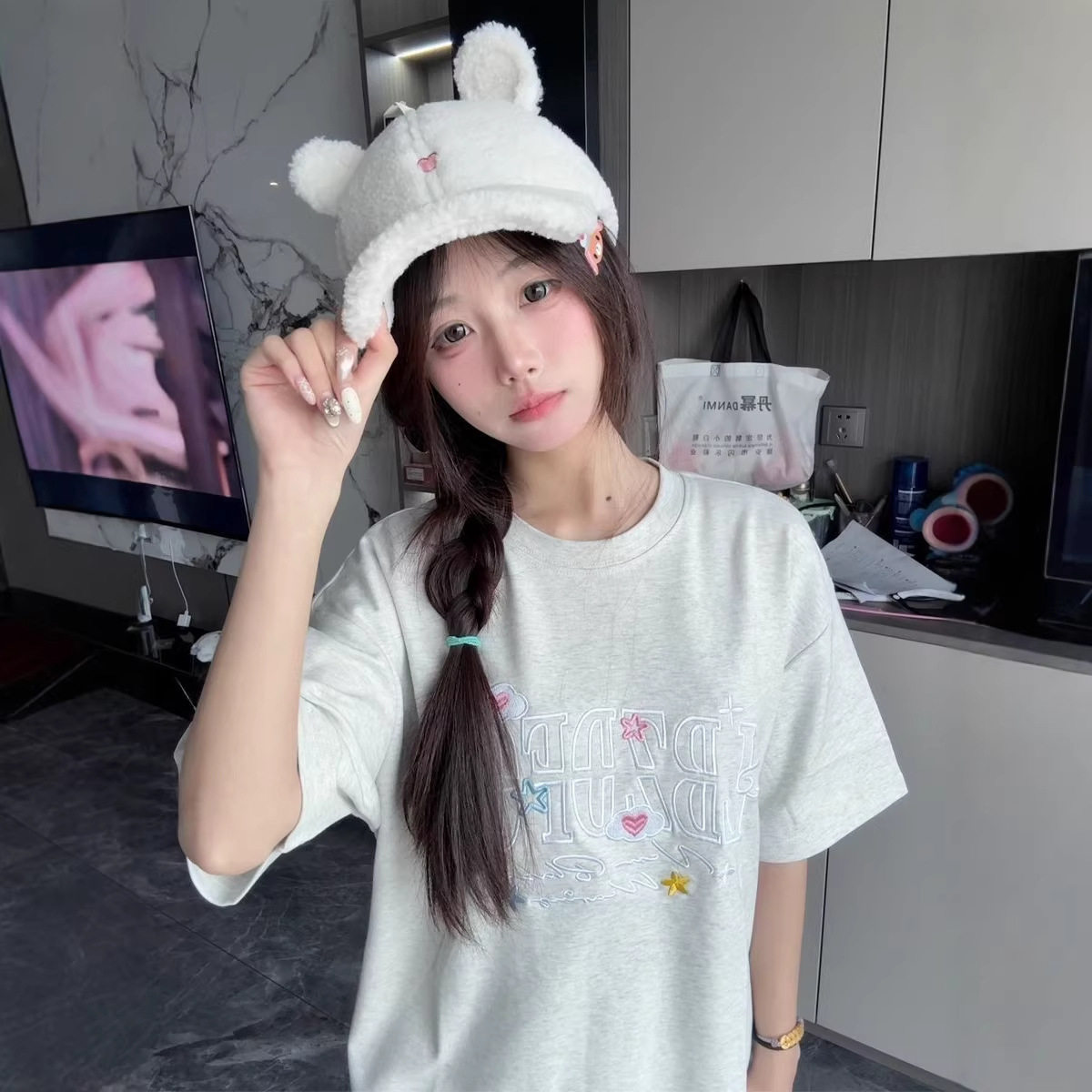 夏季新款中长款高街美式纯棉刺绣贴布字母圆领短袖宽松型T恤