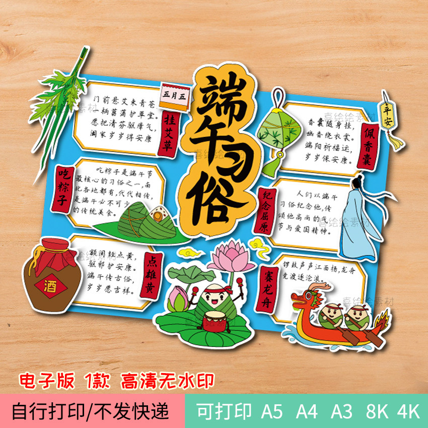 222端午节立体手抄报报DIY手工制作素材模板传统节日电子线稿自制
