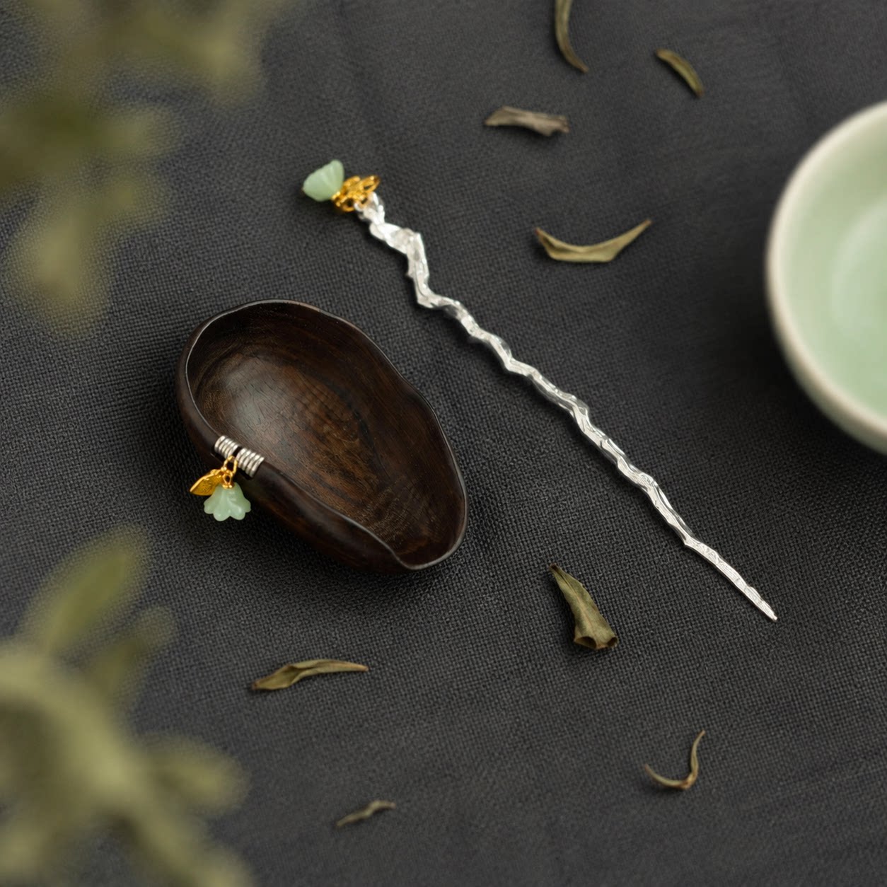 纯锡茶拨日式高档茶扒黑檀木手工茶则两件套茶匙茶道零配件赏茶荷