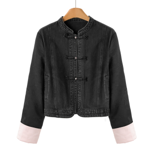拼接袖 春装 纯色一字扣牛仔短外套163 莫Y 899西湖阁老